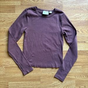 Maeve long sleeve brown fine ribbed round neck cotton fitted top sz M